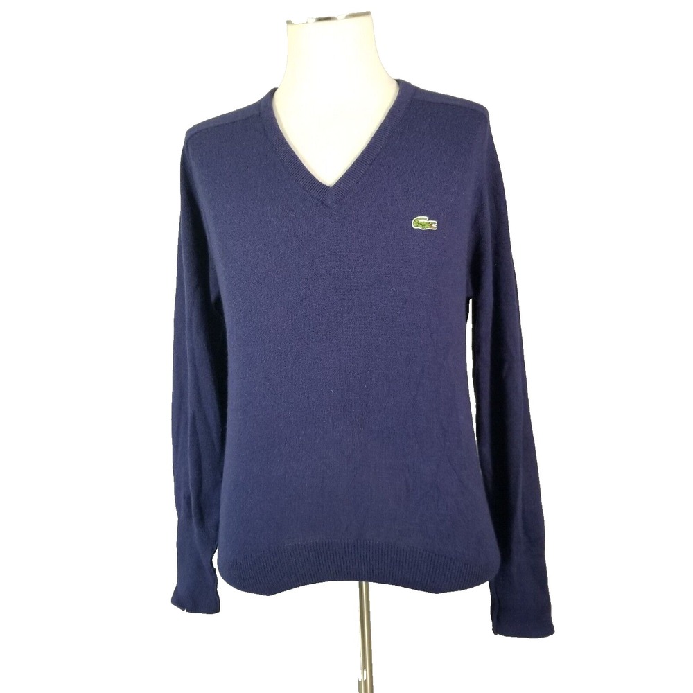 Lacoste Sweater Mens M Blue V-Neck Pullover Preppy Logo Knit Long Sleeve